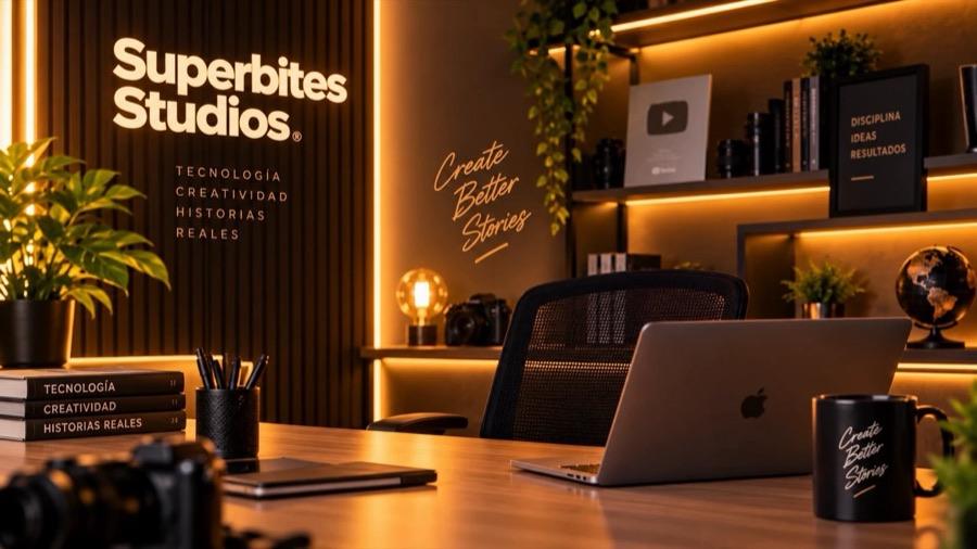 El estudio de Superbites Studios: escritorio, cámaras y la pared con el lema Tecnología, Creatividad, Historias reales